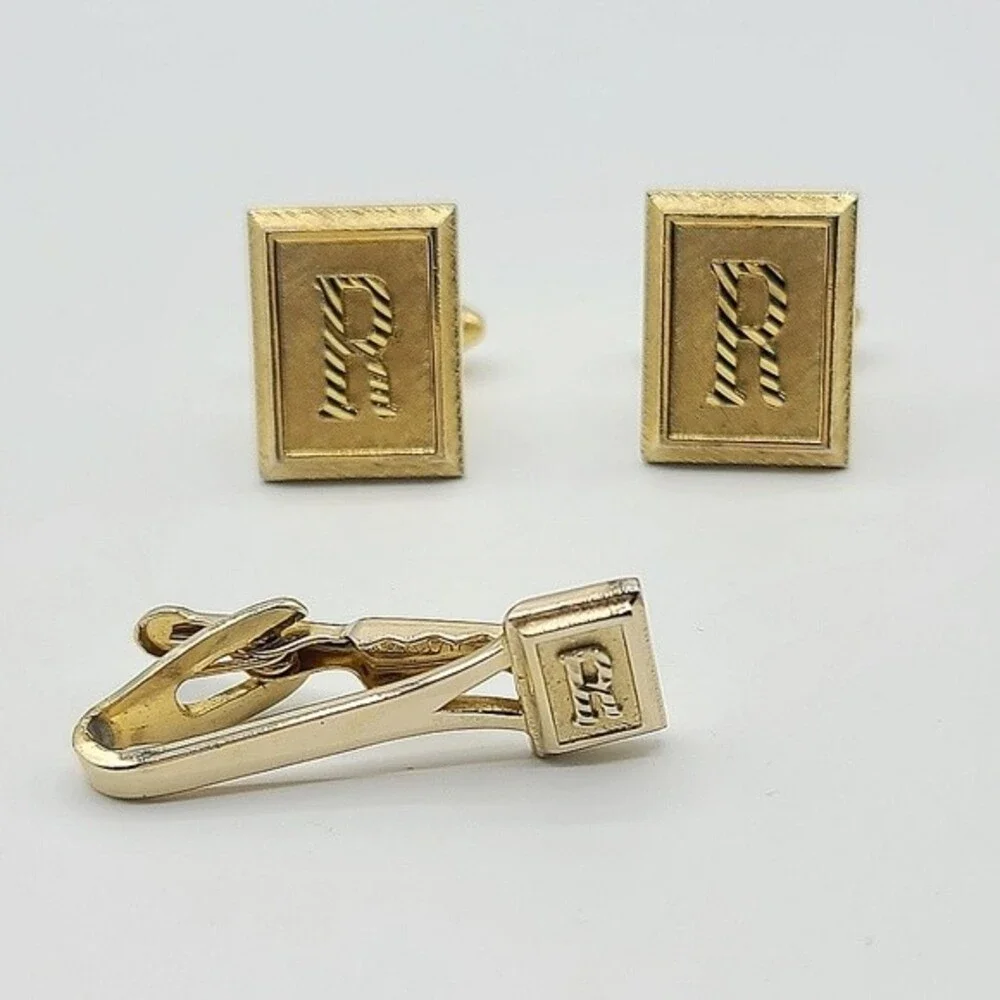 VTG Shields Fifth Avenue R Monogram Cuff LInk Tie Bar Set